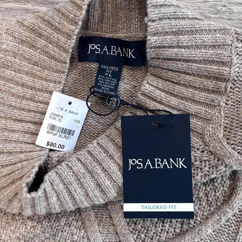 Jos. A. Bank Sweater Mens XL Tan Cable Knit Merino Wool Blend Mock Neck New